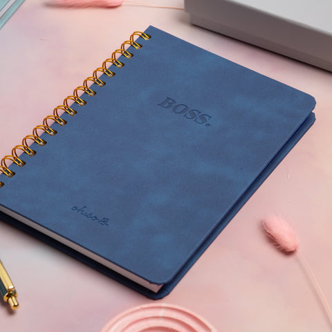 Boss Suede Hardback Lined Gold Spiral Notebook - Navy