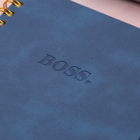 Boss Suede Hardback Lined Gold Spiral Notebook - Navy