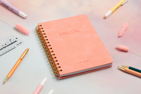 Dream Suede Hardback Lined Gold Spiral Notebook - Coral