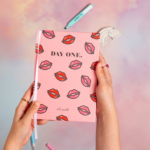 "Day One" Lips Pattern Hardback Lined Notebook - Pink