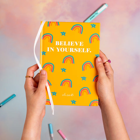 "Believe In Yourself" Rainbow Pattern Hardback Lined Notebook - Yellow