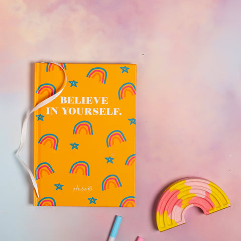 "Believe In Yourself" Rainbow Pattern Hardback Lined Notebook - Yellow