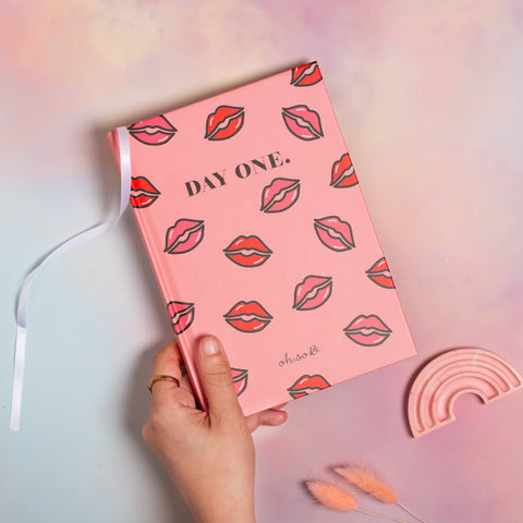 "Day One" Lips Pattern Hardback Lined Notebook - Pink