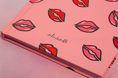 "Day One" Lips Pattern Hardback Lined Notebook - Pink