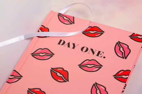 "Day One" Lips Pattern Hardback Lined Notebook - Pink