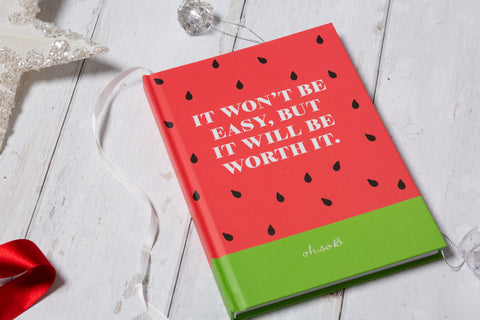 "It Won't Be Easy, But It Will be Worth It" Watermelon Pattern Hardback Lined Notebook - Red